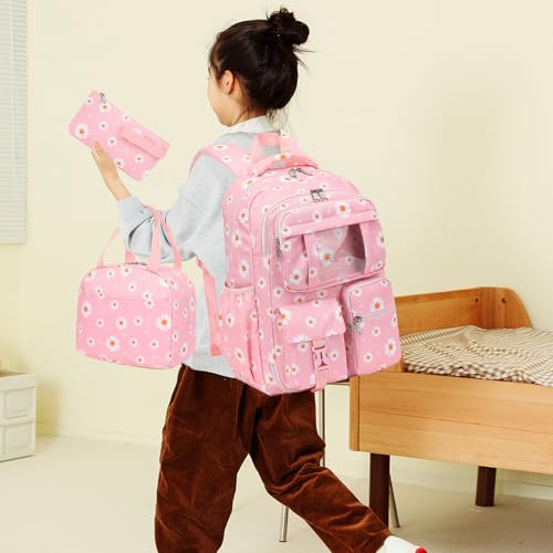 Kouxunt Daisy School Backpack for Teens Girls 3PCS Refrigerator Door Backpacks with Insulated Lunch Box Pencil Bag for Kids Women Students Pink - Image 3