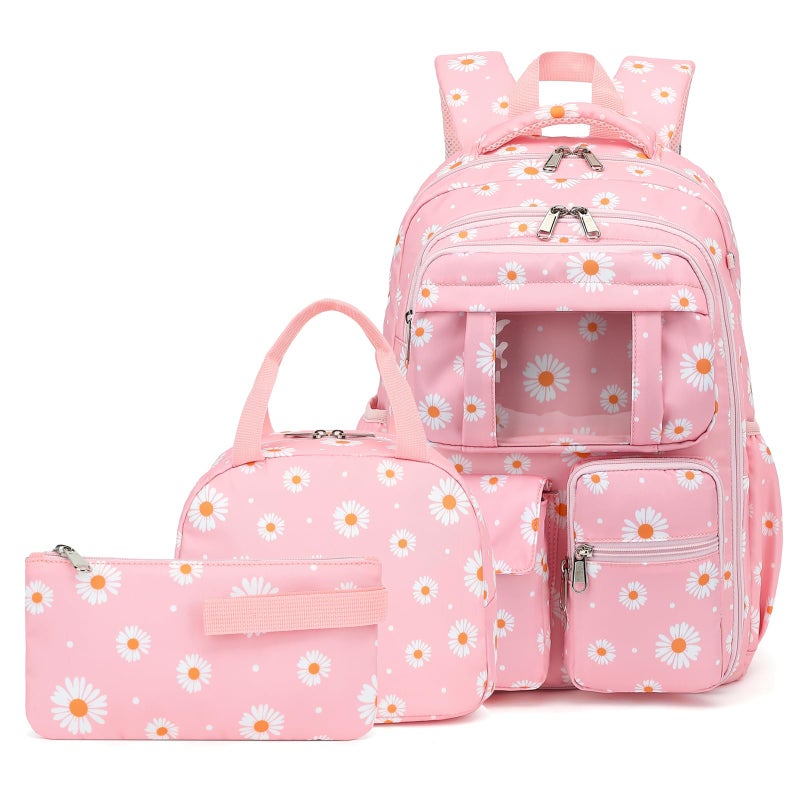 Kouxunt Daisy School Backpack for Teens Girls 3PCS Refrigerator Door Backpacks with Insulated Lunch Box Pencil Bag for Kids Women Students Pink - Image 2
