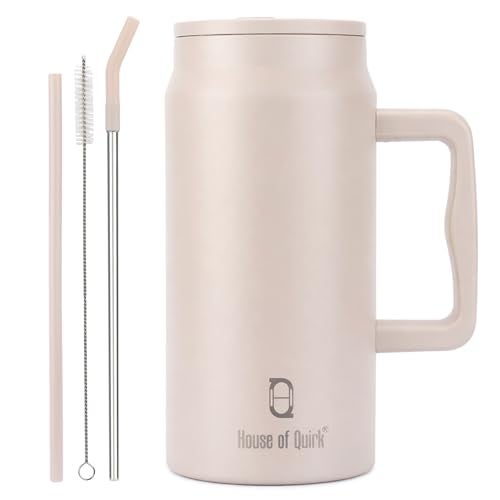 House of Quirk 1500ML Stainless Steel Mug Tumbler with Handle & Straw Lid – Large Water Bottle for Men & Women (Oat) - Image 1