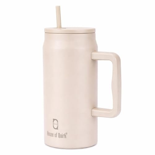 House of Quirk 1500ML Stainless Steel Mug Tumbler with Handle & Straw Lid – Large Water Bottle for Men & Women (Oat) - Image 2