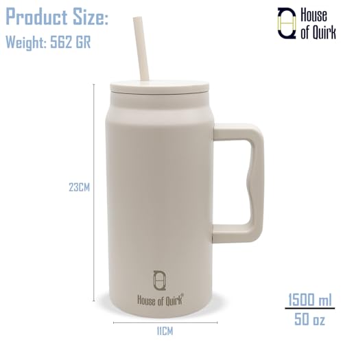 House of Quirk 1500ML Stainless Steel Mug Tumbler with Handle & Straw Lid – Large Water Bottle for Men & Women (Oat) - Image 4