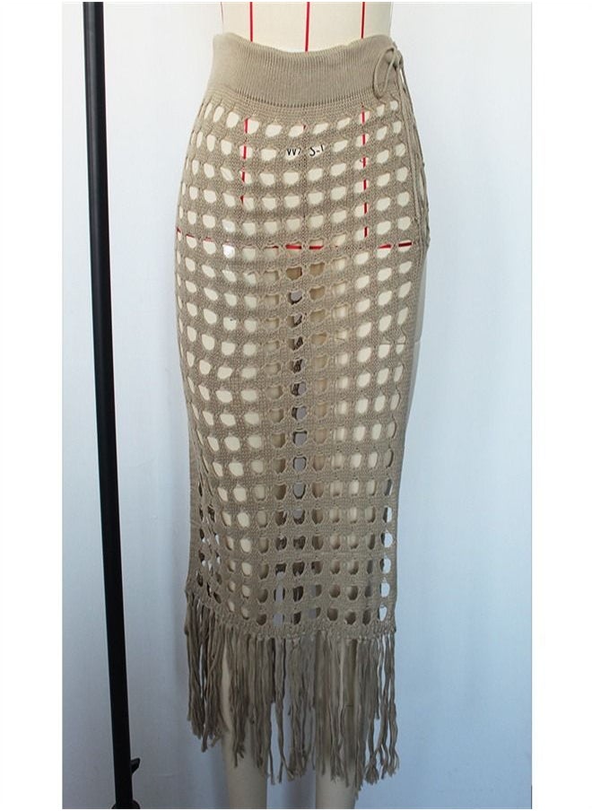 Loquat - Hollow Knit Split Fringed Beach Skirt Beige - Image 1