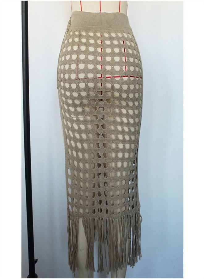 Loquat - Hollow Knit Split Fringed Beach Skirt Beige - Image 1