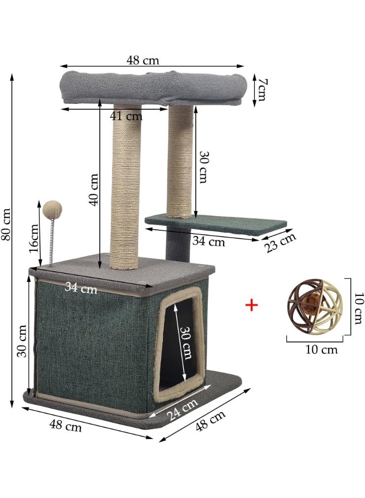 أن ان سي بيتس برج شجرة قطط متعدد المستويات بطول 80 سم للقطط المنزلية، مع سرير مريح، ومجثم علوي، وعمود خدش من السيزال، وألعاب تفاعلية - صرير، وكرة ملاكمة، وفأر متدحرج (رمادي وأخضر) - Image 2