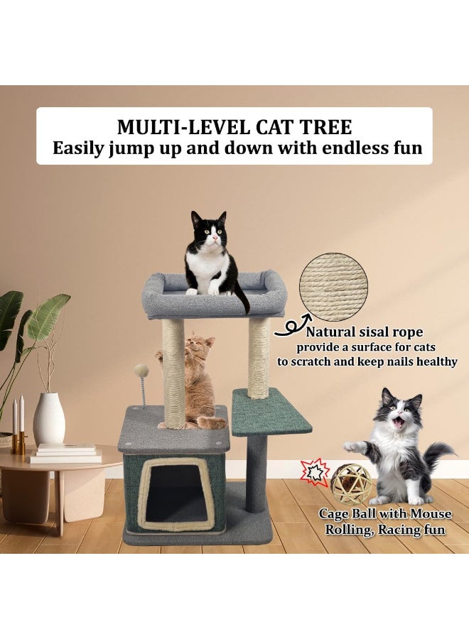 أن ان سي بيتس برج شجرة قطط متعدد المستويات بطول 80 سم للقطط المنزلية، مع سرير مريح، ومجثم علوي، وعمود خدش من السيزال، وألعاب تفاعلية - صرير، وكرة ملاكمة، وفأر متدحرج (رمادي وأخضر) - Image 3