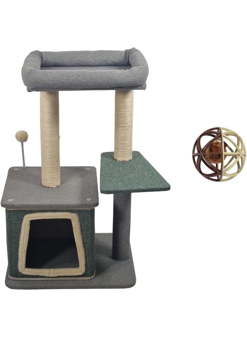أن ان سي بيتس برج شجرة قطط متعدد المستويات بطول 80 سم للقطط المنزلية، مع سرير مريح، ومجثم علوي، وعمود خدش من السيزال، وألعاب تفاعلية - صرير، وكرة ملاكمة، وفأر متدحرج (رمادي وأخضر) - Image 1