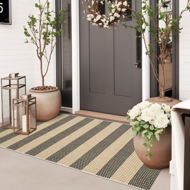 Sungea Striped Outdoor Front Door Mat 24"x51", Cotton Hand Woven Rug Indoor Doormat Washable Black and Tan Rug Runner, Foldable Front Door Rugs for Entryway/Farmhouse/Home Entrance - Image 1