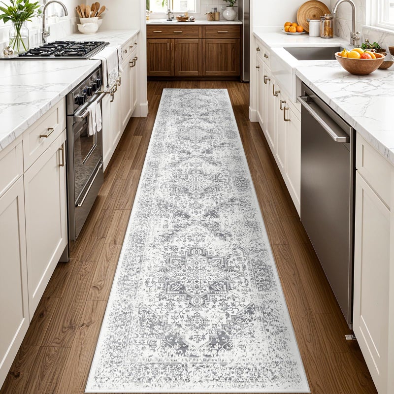 EISUROM Washable 2'6''x12' Runner Rug - Non-Slip Vintage Runner Rug for Entryway Low-Pile Medallion Long Rugs for Hallway Waterproof Traditional Runner Rugs Indoor Thin Rug for Kitchen Grey - Image 4