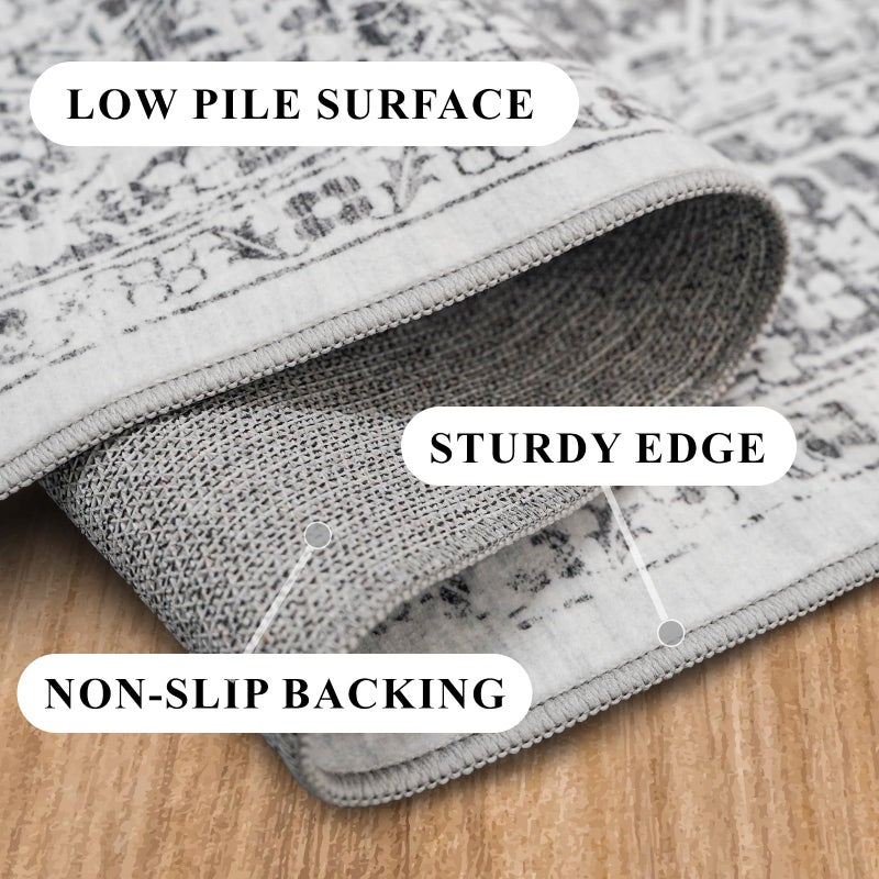EISUROM Washable 2'6''x12' Runner Rug - Non-Slip Vintage Runner Rug for Entryway Low-Pile Medallion Long Rugs for Hallway Waterproof Traditional Runner Rugs Indoor Thin Rug for Kitchen Grey - Image 5