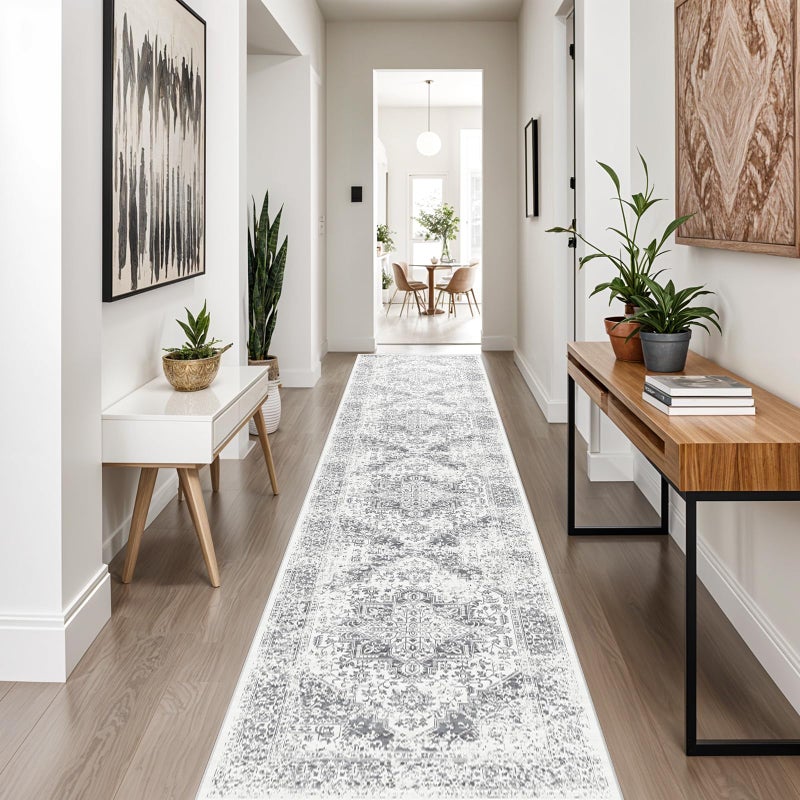 EISUROM Washable 2'6''x12' Runner Rug - Non-Slip Vintage Runner Rug for Entryway Low-Pile Medallion Long Rugs for Hallway Waterproof Traditional Runner Rugs Indoor Thin Rug for Kitchen Grey - Image 3