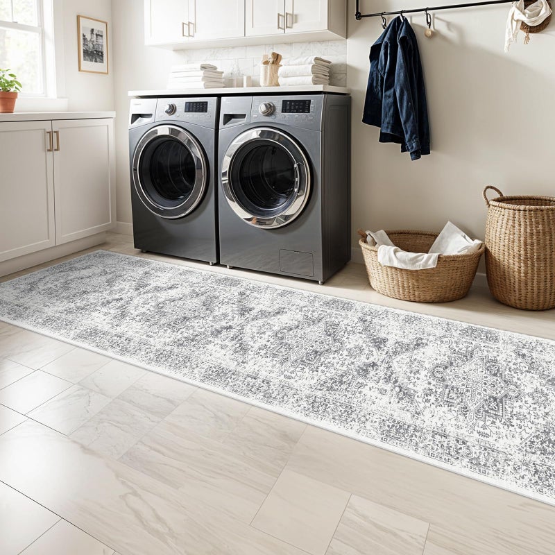 EISUROM Washable 2'6''x12' Runner Rug - Non-Slip Vintage Runner Rug for Entryway Low-Pile Medallion Long Rugs for Hallway Waterproof Traditional Runner Rugs Indoor Thin Rug for Kitchen Grey - Image 2
