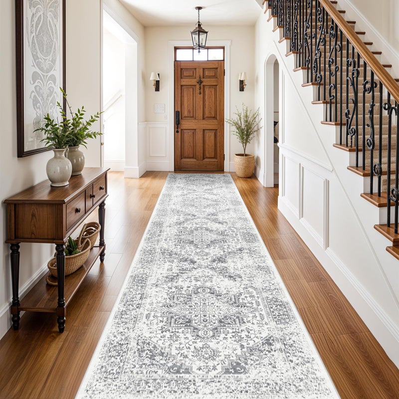 EISUROM Washable 2'6''x12' Runner Rug - Non-Slip Vintage Runner Rug for Entryway Low-Pile Medallion Long Rugs for Hallway Waterproof Traditional Runner Rugs Indoor Thin Rug for Kitchen Grey - Image 1