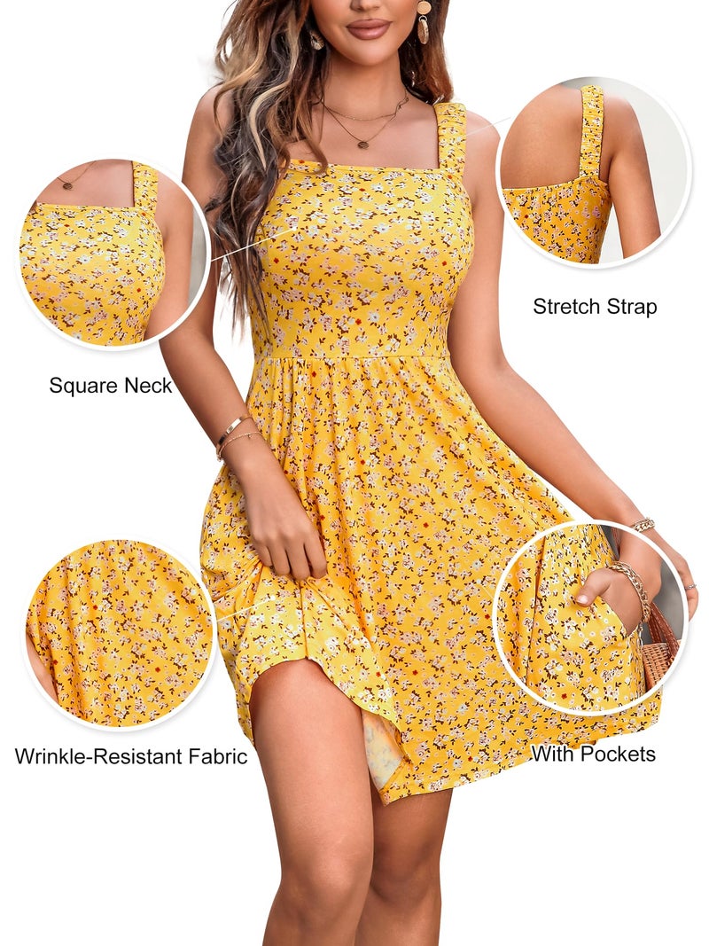 HUHOT Summer Dresses for Women Beach Resort Wear Summer Square Neck Knee Length Teen Casual Vacation Boho Beach Dresses with Pockets 2026 - Image 5