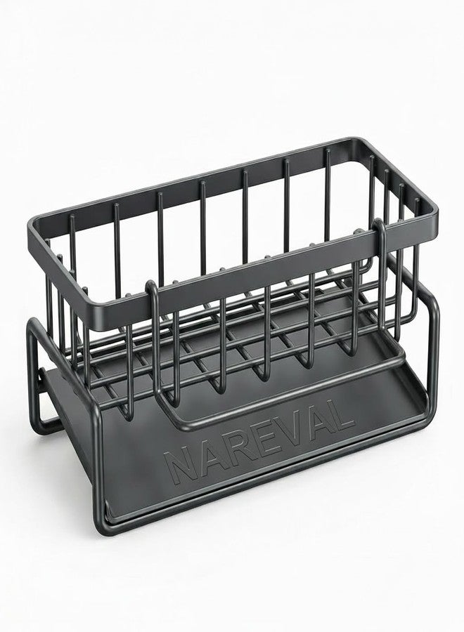 NAREVAL Metal Sink Organizer Caddy for Kitchen with Auto-Draining Tray and Towel Bar | Countertop Sponge Holder, Soap Dispenser & Dish Brush Stand | Matte Black Finish - Image 1