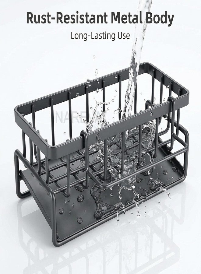 NAREVAL Metal Sink Organizer Caddy for Kitchen with Auto-Draining Tray and Towel Bar | Countertop Sponge Holder, Soap Dispenser & Dish Brush Stand | Matte Black Finish - Image 4