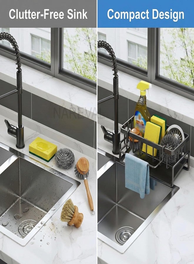 NAREVAL Metal Sink Organizer Caddy for Kitchen with Auto-Draining Tray and Towel Bar | Countertop Sponge Holder, Soap Dispenser & Dish Brush Stand | Matte Black Finish - Image 5