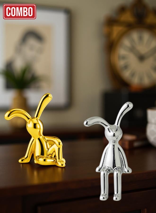 Decorative Rabbit Figurine Combo Gold Sitting Bunny and Silver Hanging Leg Bunny Car Dashboard Decor Automotive Interior Ornament Tabletop Shelf Edge Showpiece Home Office Desk Resin Metallic Finish Gift Item - Image 1
