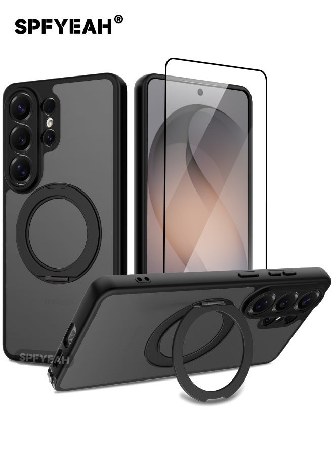 SPFYEAH Samsung Galaxy S26 Ultra Case with Tempered Glass Screen Protector, 360° Rotatable Ring Stand [Compatible with Magsafe][Upgraded Camera Protection] Matte Slim Shockproof Durable Kickstand Cove