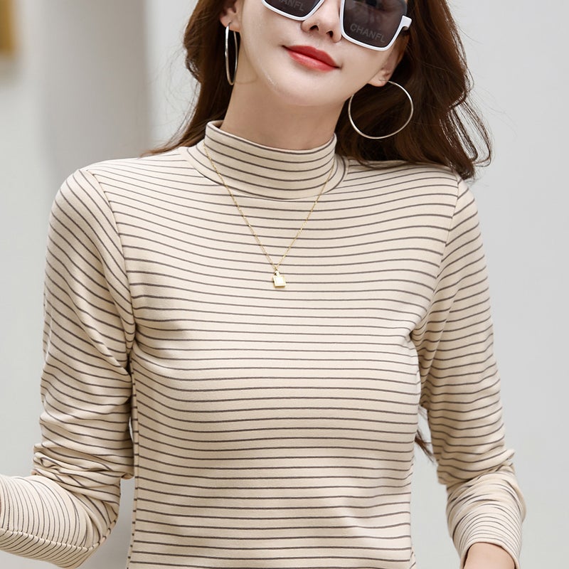 Cotton striped slim-fit half-turtleneck base shirt women's long-sleeved T-shirt thickened warm and stylish mid-collar inner top winter - Image 1