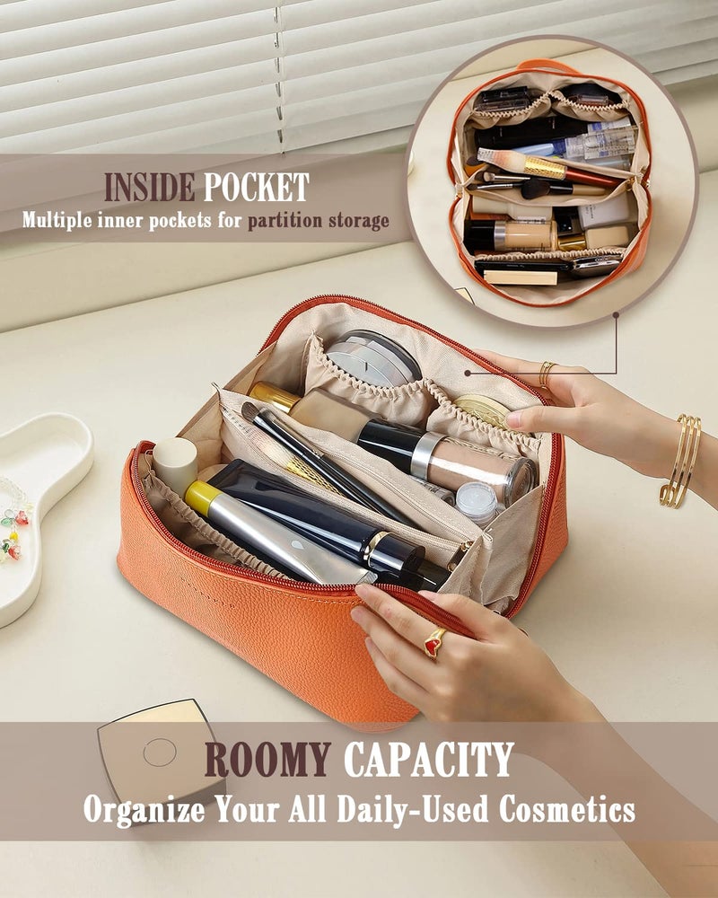 Batfield Cosmetic Bag For Women, Litchi Pu Leather Makeup Pouch For Women, Large Capacity Cosmetic Travel Bag,Portable Makeup Kit Storage Bag With Handle&Divider, Makeup Organizer Bag (Orange), 12 cm - Image 3