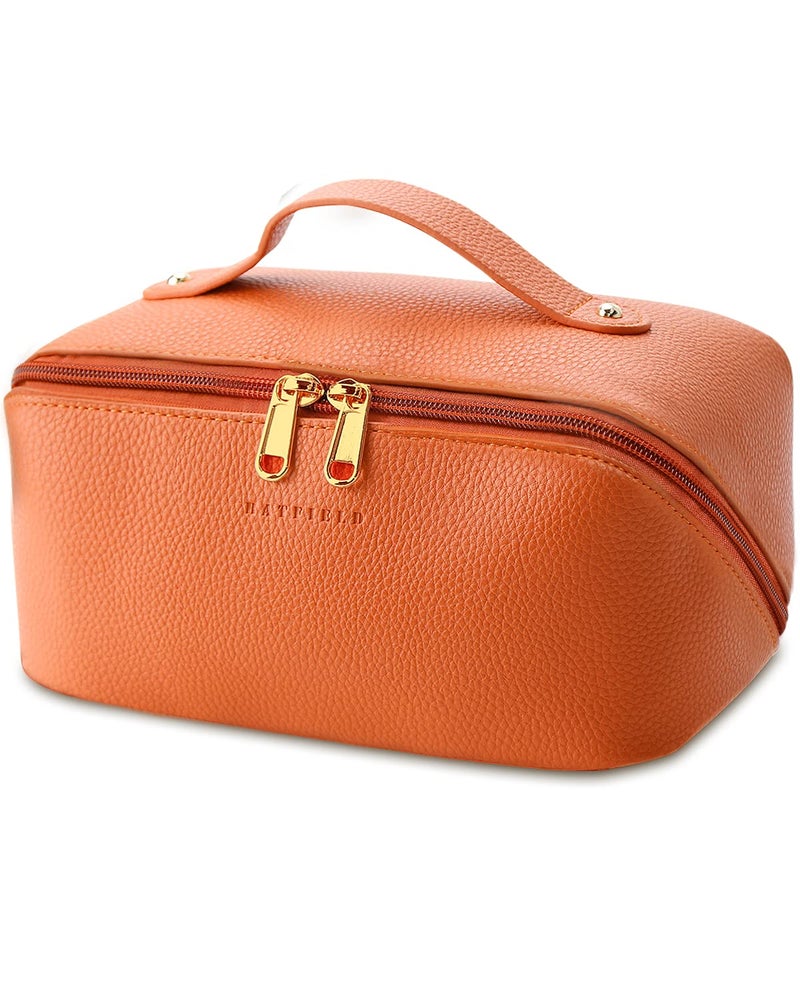Batfield Cosmetic Bag For Women, Litchi Pu Leather Makeup Pouch For Women, Large Capacity Cosmetic Travel Bag,Portable Makeup Kit Storage Bag With Handle&Divider, Makeup Organizer Bag (Orange), 12 cm - Image 1