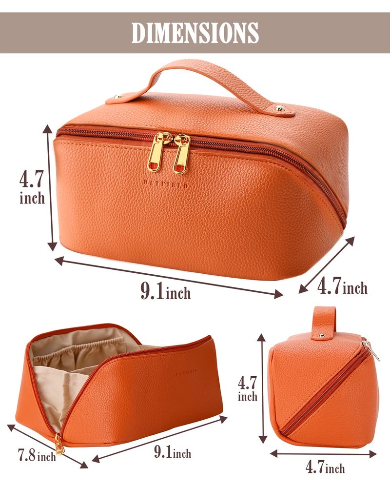 Batfield Cosmetic Bag For Women, Litchi Pu Leather Makeup Pouch For Women, Large Capacity Cosmetic Travel Bag,Portable Makeup Kit Storage Bag With Handle&Divider, Makeup Organizer Bag (Orange), 12 cm - Image 2