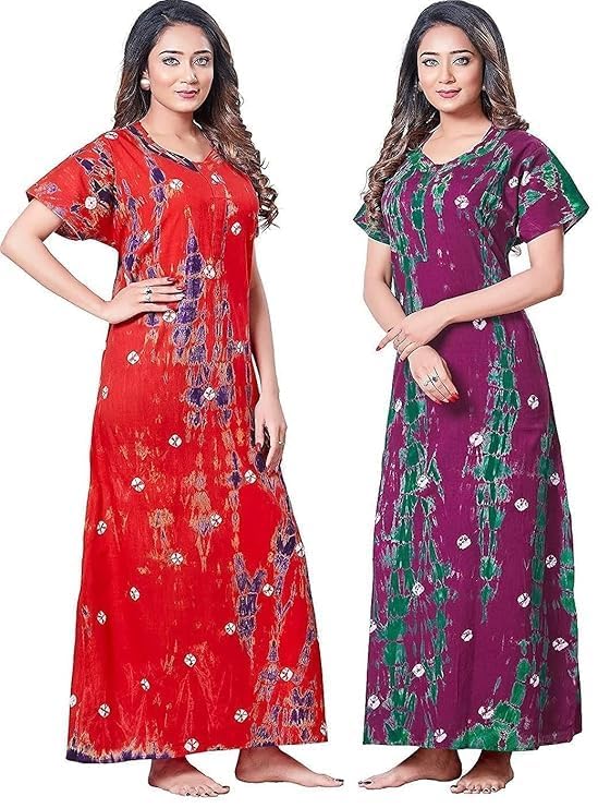 Vlazom Women's Pure Cotton Regular Rajasthani Nighty Rajasthani Gown Jaipuri Nighty Jaipuri Gown Maxi Gown (Pack of 2 pcs) (Red-Purple, Free Size) - Image 5
