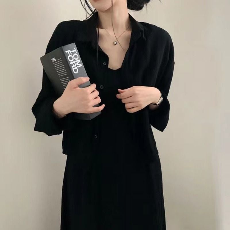 Korean Style Chic Spring & Fall French Retro Elegant Age-Reducing Suspender Dress + Shirt Jacket Two-Piece Set For Women - Image 4