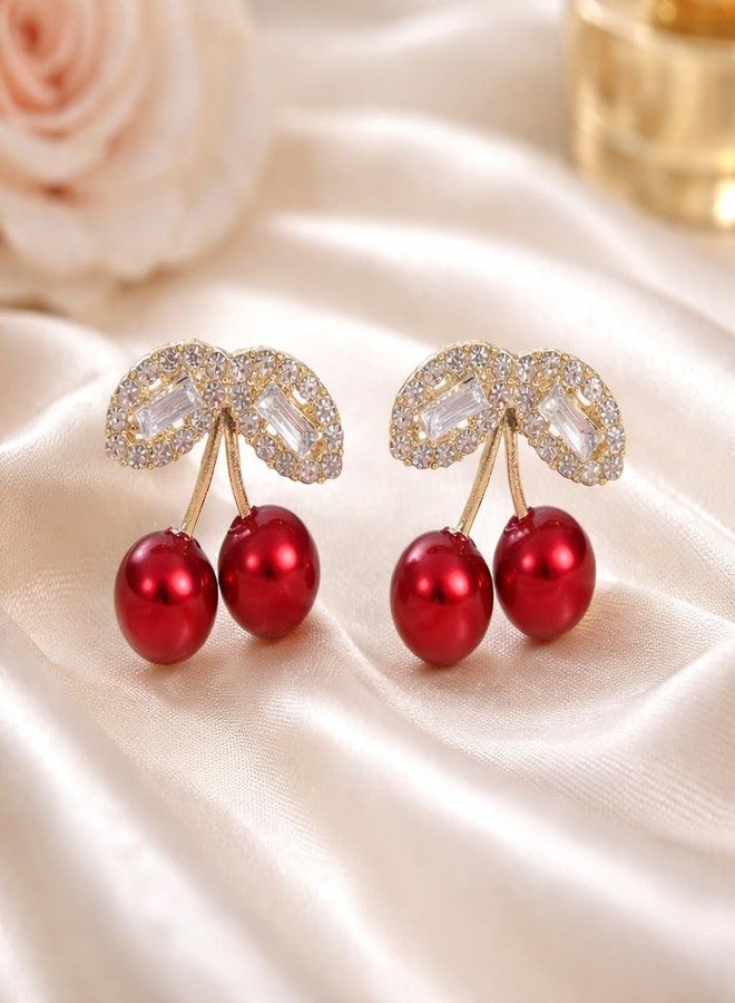 AMAAL Crystal Red Cherry Studs Gold Korean Earrings set for Women & Girls | Diamond Earing Western | Stylish Ear Rings Jewellery for woman Accessory | Valentine Gift for Girlfriend couple -285 - Image 4