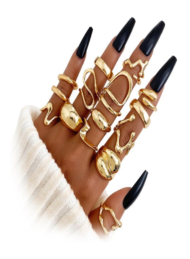 17 اي اف مجموعة خواتم ذهبية للنساء مكونة من 10-15 قطعة، بتصميم كلاسيكي أنيق، بنمط بوهيمي، بخطوط سميكة، مقاس كبير، سهلة التكديس على مفاصل الإبهام (15 قطعة، لون ذهبي رائع). - Image 1