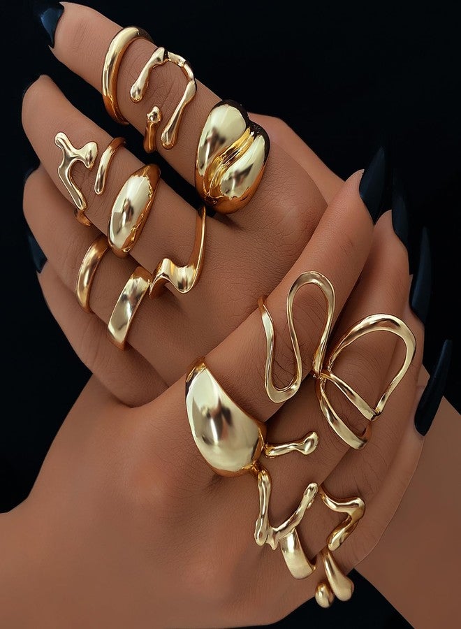 17 اي اف مجموعة خواتم ذهبية للنساء مكونة من 10-15 قطعة، بتصميم كلاسيكي أنيق، بنمط بوهيمي، بخطوط سميكة، مقاس كبير، سهلة التكديس على مفاصل الإبهام (15 قطعة، لون ذهبي رائع). - Image 4