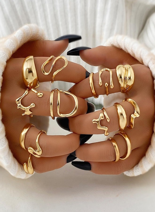 17 اي اف مجموعة خواتم ذهبية للنساء مكونة من 10-15 قطعة، بتصميم كلاسيكي أنيق، بنمط بوهيمي، بخطوط سميكة، مقاس كبير، سهلة التكديس على مفاصل الإبهام (15 قطعة، لون ذهبي رائع). - Image 2