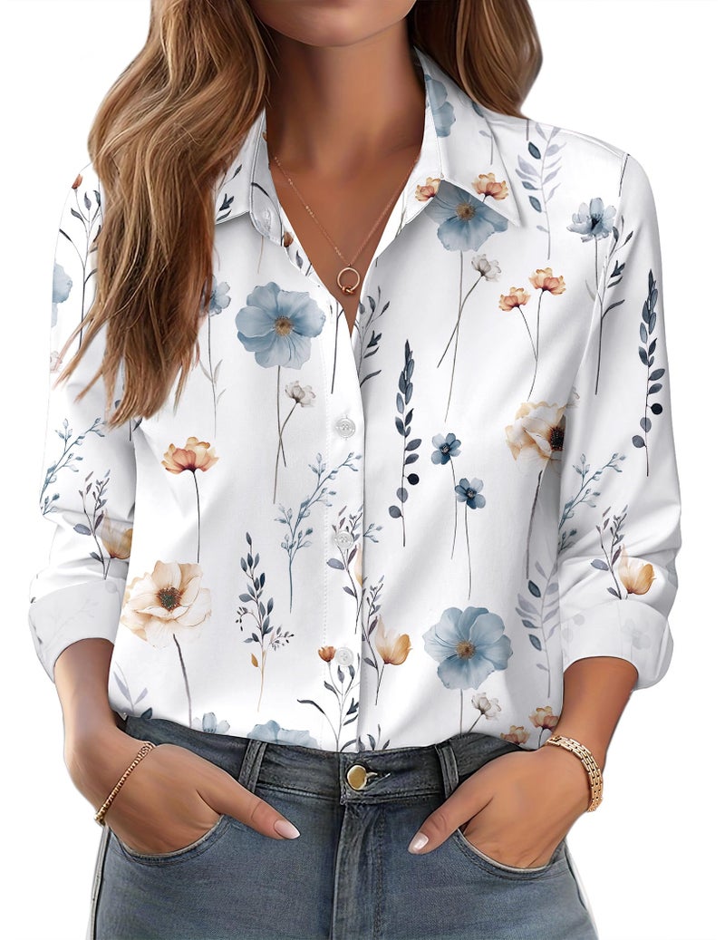 Zeagoo Womens Blouses White Long Sleeve Floral Button Down Shirts Spring Outfit Flower Pattern Business Casual Top - Image 1