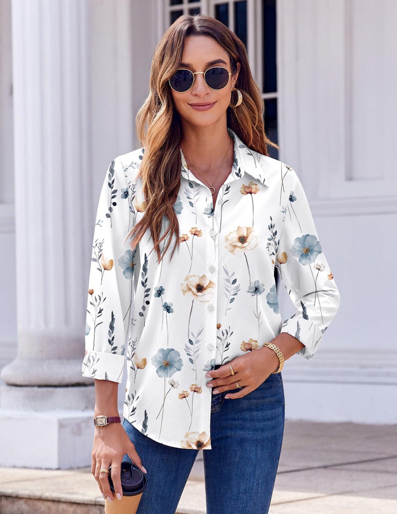 Zeagoo Womens Blouses White Long Sleeve Floral Button Down Shirts Spring Outfit Flower Pattern Business Casual Top - Image 4