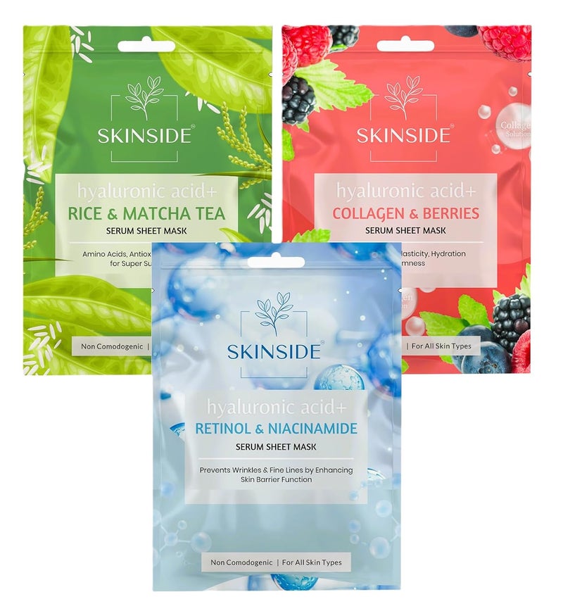 SkinSide Serum Sheet Mask for Glowing Skin with Hyaluronic Acid Face Mask Sheets Combo for Hydrating Tan Blackheads Removal Instant Brightening Pore Reduction Fairness Skin Tightening 3 Rice Matcha Tea Collagen Berries Retinol Niacinamide - Image 1