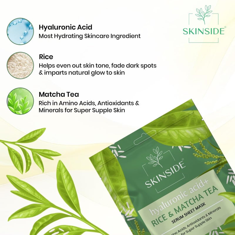 SkinSide Serum Sheet Mask for Glowing Skin with Hyaluronic Acid Face Mask Sheets Combo for Hydrating Tan Blackheads Removal Instant Brightening Pore Reduction Fairness Skin Tightening 3 Rice Matcha Tea Collagen Berries Retinol Niacinamide - Image 5