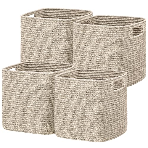 UBBCARE Storage Cubes 11 Inch, Cotton Rope Woven Baskets for Organizing, Cube Storage Bin for Baby Nursery, 4-Pack Square Toy Storage Baskets for Shleves Organizer, Closet, Kidsroom, All Browm - Image 1