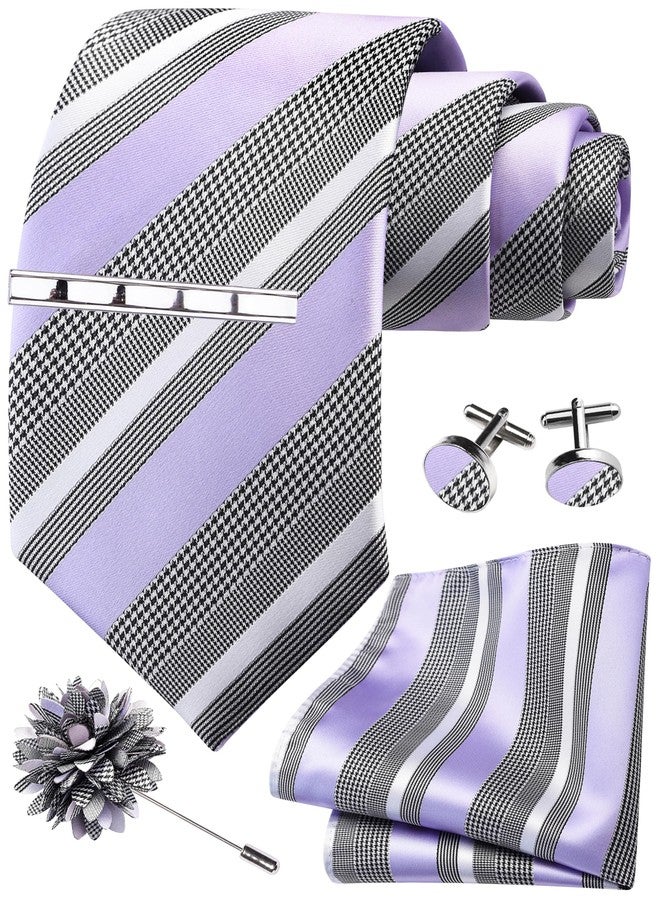 GUSLESON Lavender Tie Set for Men Striped Silk Necktie Clip Pocket Square Cufflinks and Lapel Pin Brooch Set for Wedding (6115-40) - Image 1