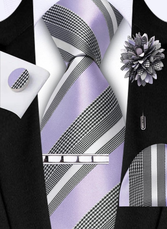 GUSLESON Lavender Tie Set for Men Striped Silk Necktie Clip Pocket Square Cufflinks and Lapel Pin Brooch Set for Wedding (6115-40) - Image 2