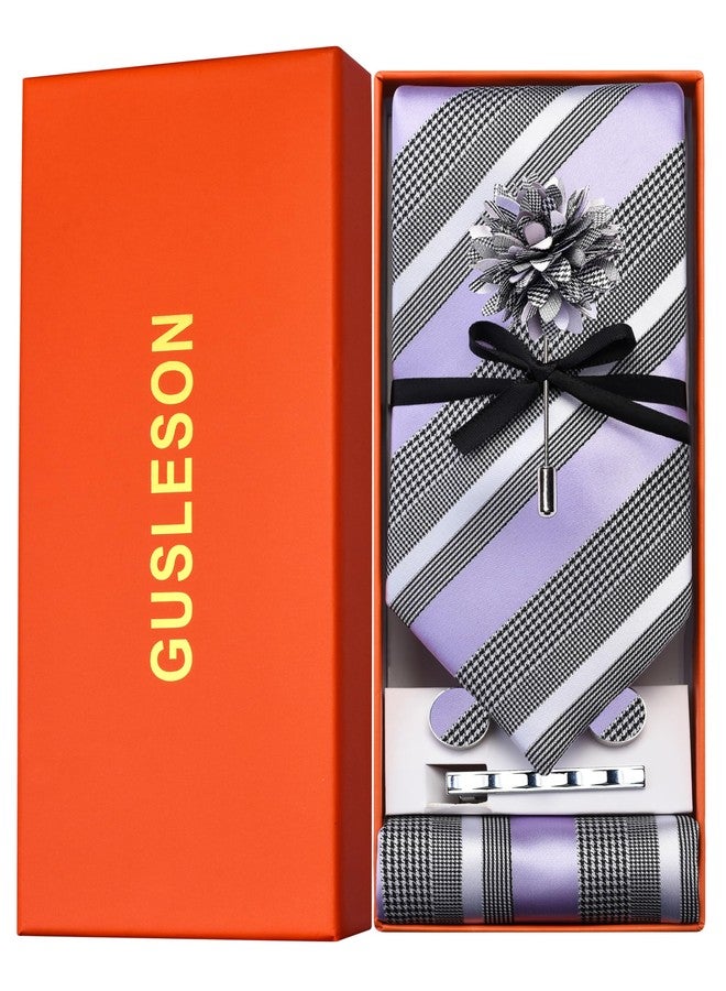 GUSLESON Lavender Tie Set for Men Striped Silk Necktie Clip Pocket Square Cufflinks and Lapel Pin Brooch Set for Wedding (6115-40) - Image 3