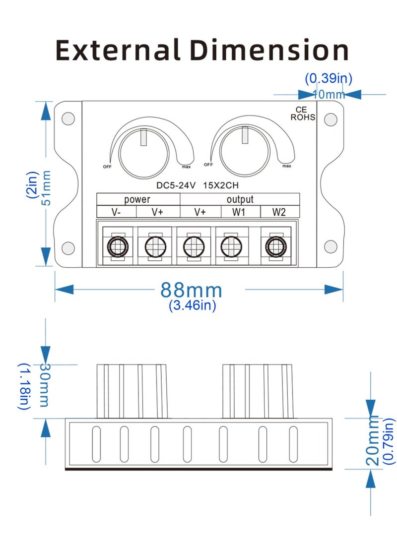 SYOSI DC 5V-24V 30A LED Double Knob Dimmer, PWM Dimming Controller, Dual Color Temperature Dimmer with Off On Switches, Adjustable for CCT and Single Channel 5050 3528 Light Strips, Control Brightness  - Image 3