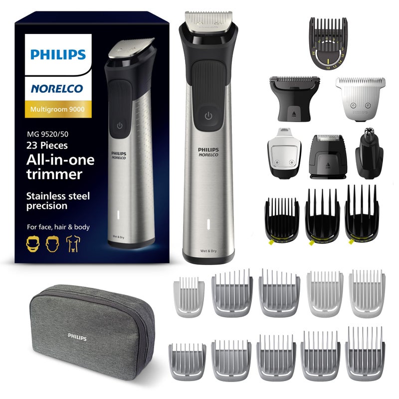 Norelco Philips Multigroom 9000 Series, All-in-One Trimmer, Beard Trimmer and Hair Clipper, 23-Piece Men's Grooming Kit for Beard, Body, Face, Nose, Ear and Intimate Areas, MG9520/50 - Image 1