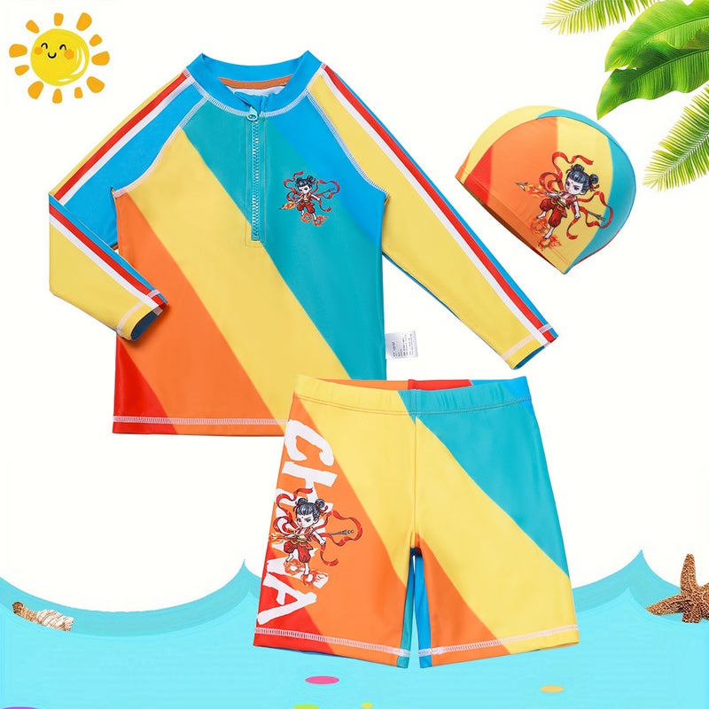 New Children''s Boys Split Long Sleeve Swim Trunks suit Hot Spring Beach Swimsuit Children''s Student Swimsuit - Image 1