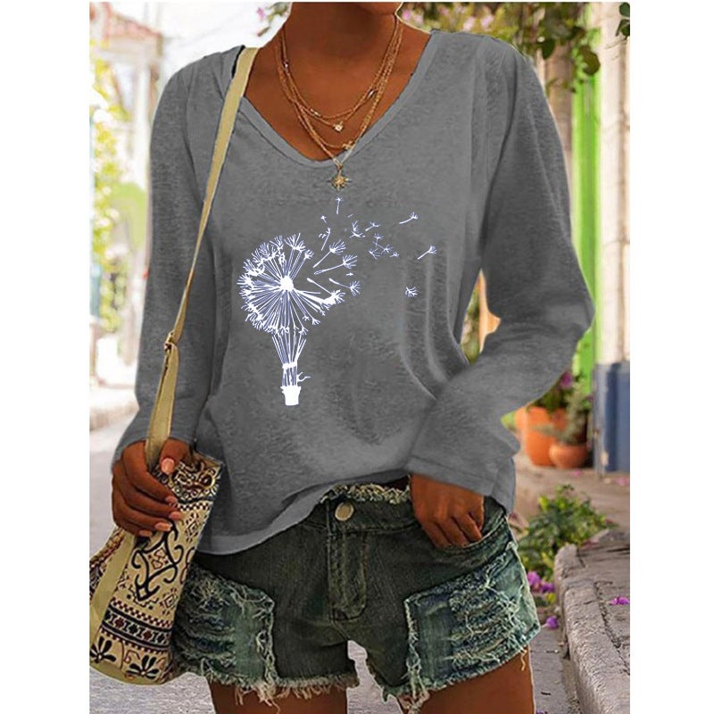 2022 independent station wish selling women's printed V-neck long sleeve loose T-shirt for women - Image 1