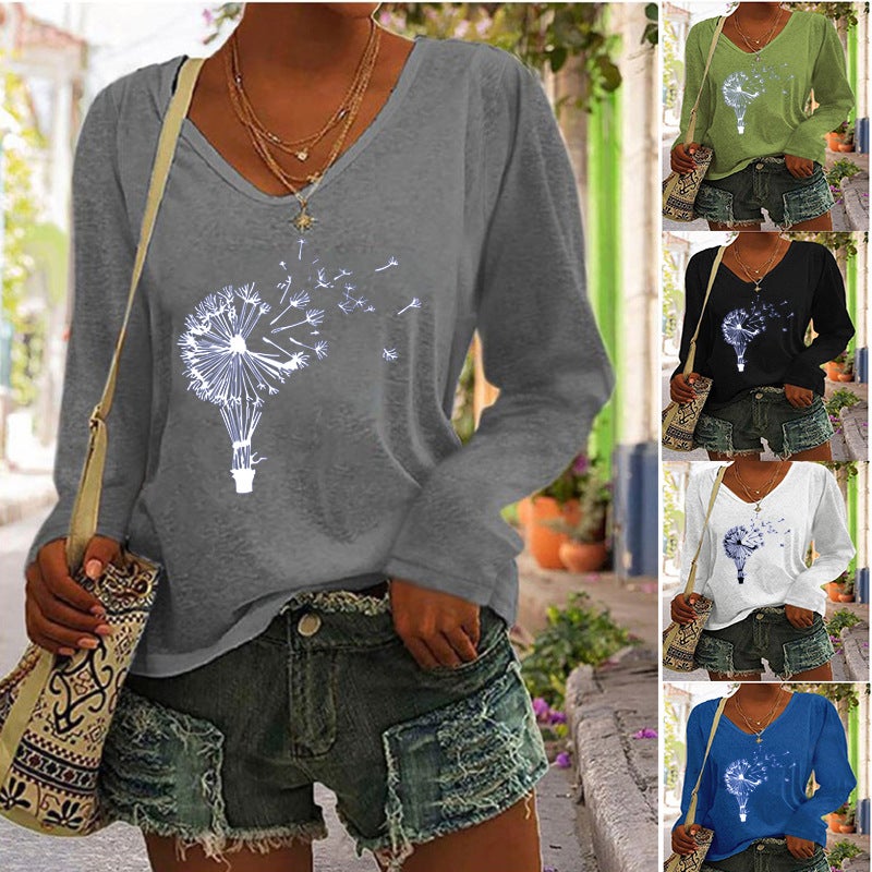 2022 independent station wish selling women's printed V-neck long sleeve loose T-shirt for women - Image 2