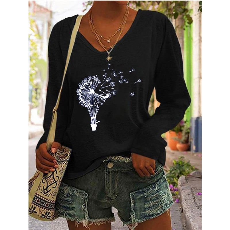 2022 independent station wish selling women's printed V-neck long sleeve loose T-shirt for women - Image 4