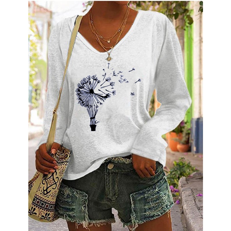 2022 independent station wish selling women's printed V-neck long sleeve loose T-shirt for women - Image 5