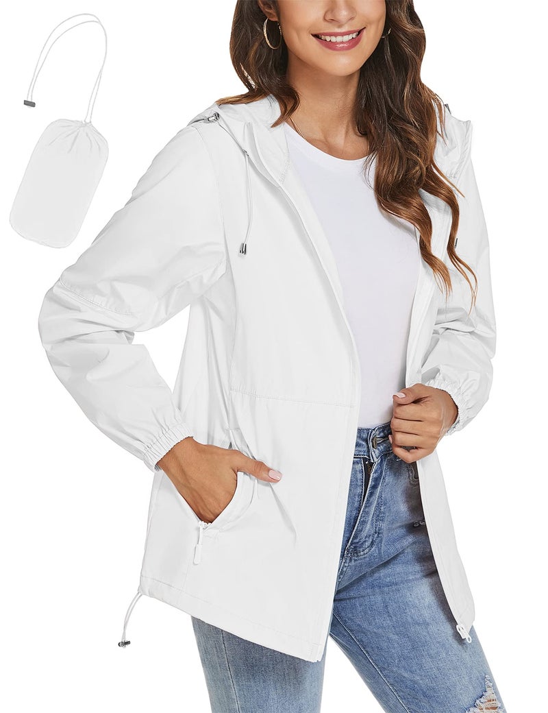 TCOT Women's Waterproof Rain Jacket with Pockets Lightweight Outdoor Packable Windbreaker Hooded Zipper Raincoat White M - Image 1