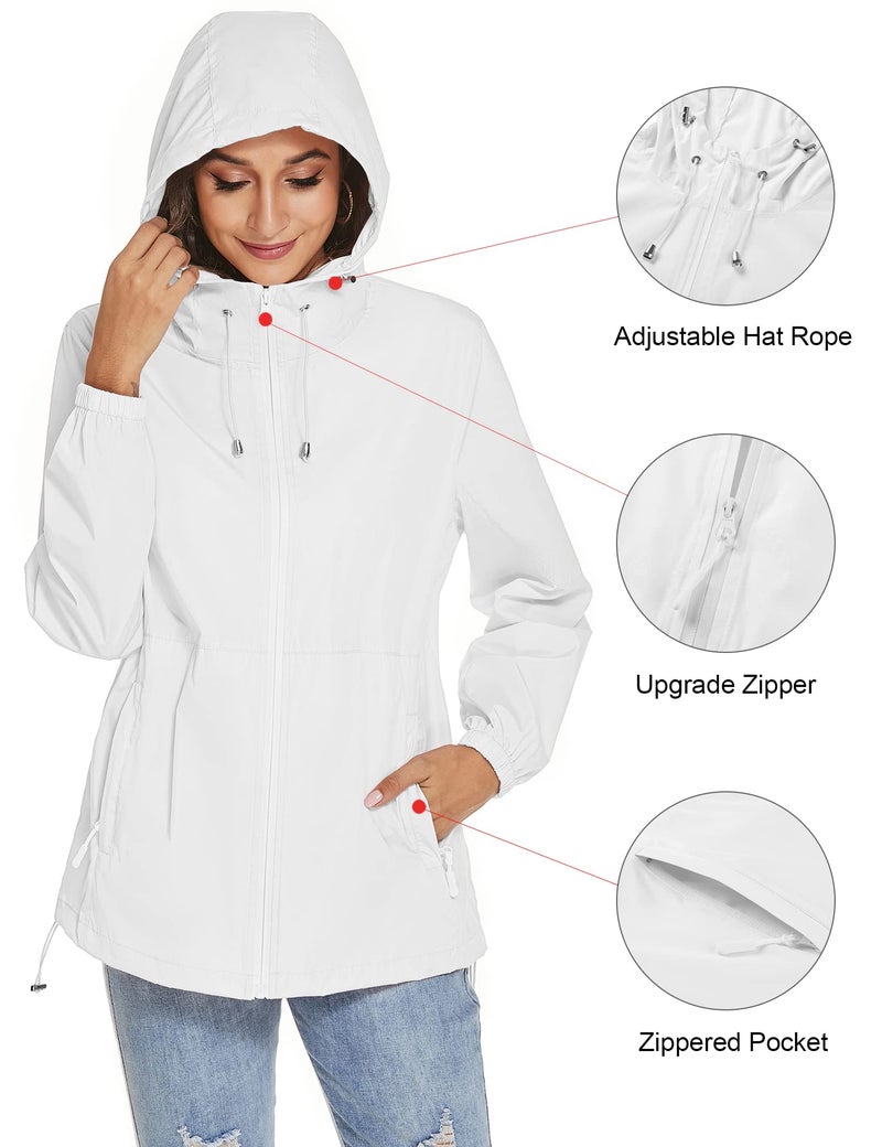 TCOT Women's Waterproof Rain Jacket with Pockets Lightweight Outdoor Packable Windbreaker Hooded Zipper Raincoat White M - Image 3