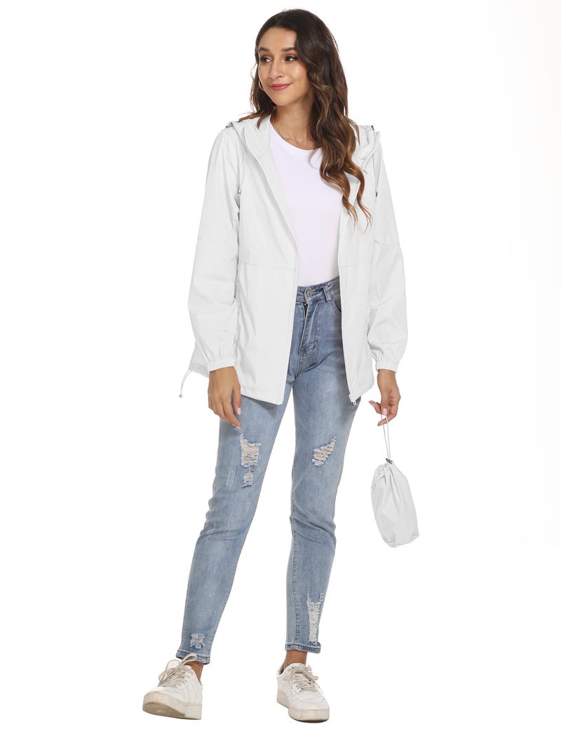 TCOT Women's Waterproof Rain Jacket with Pockets Lightweight Outdoor Packable Windbreaker Hooded Zipper Raincoat White M - Image 2